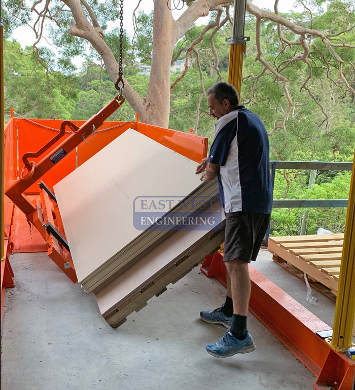 CHW150 Wide Load Pallet Hook - gyprock sheet unloaded by crane at building construction loading platform 