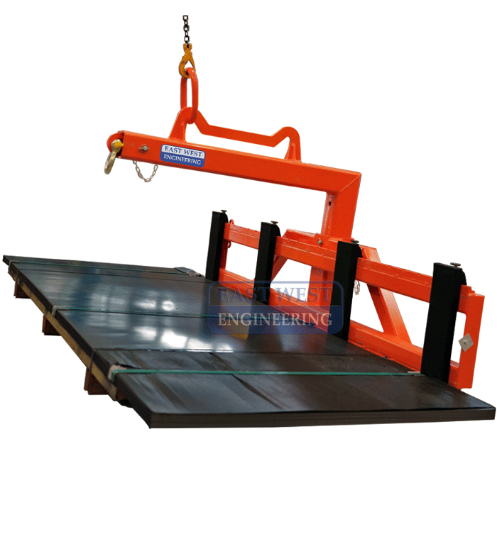 CHW150 Wide Load Pallet Hook - loaded with metal sheets in workshop