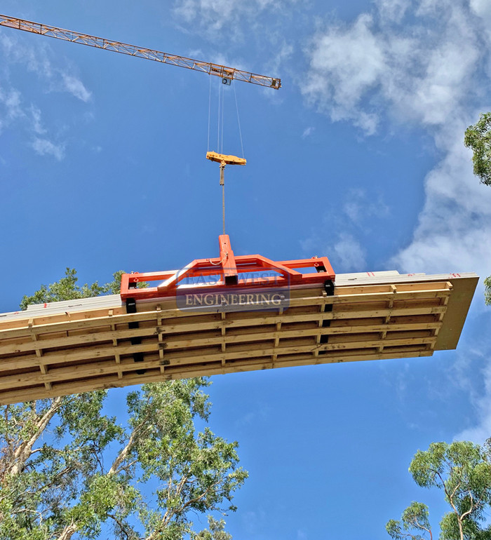 CHW150 Wide Load Pallet Hook - loaded with gyprock sheet for building construction lifted by crane