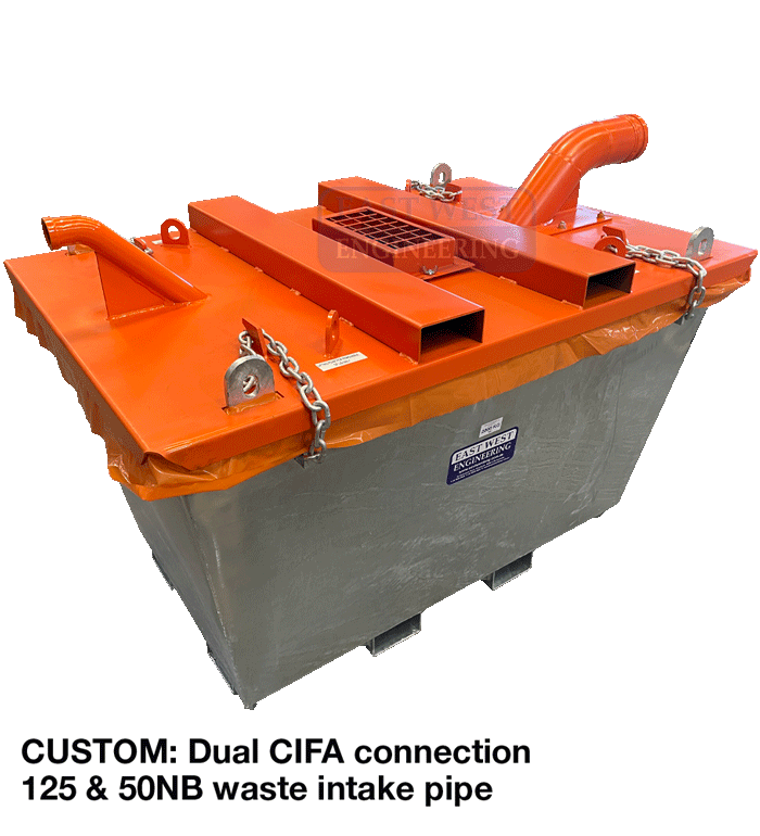 CUSTOM CPC17 Concrete Washout Bin: Dual CIFA connection 125 & 50NB waste intake pipe to suit various concrete pump hose fittings