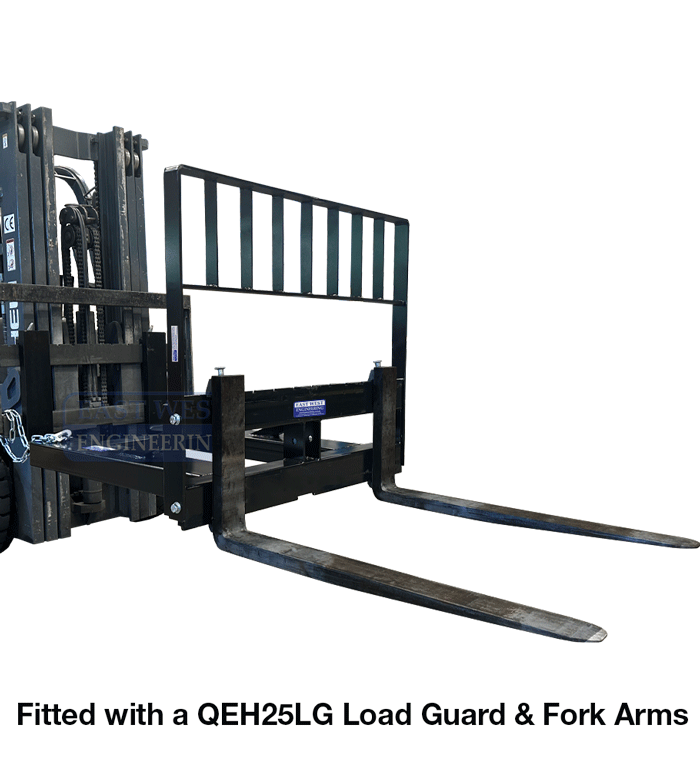 FNSC2 Slip-on Forklift Carriage Adaptor fitted with a  QEH25LG Load Guard and FA Fork Arms
