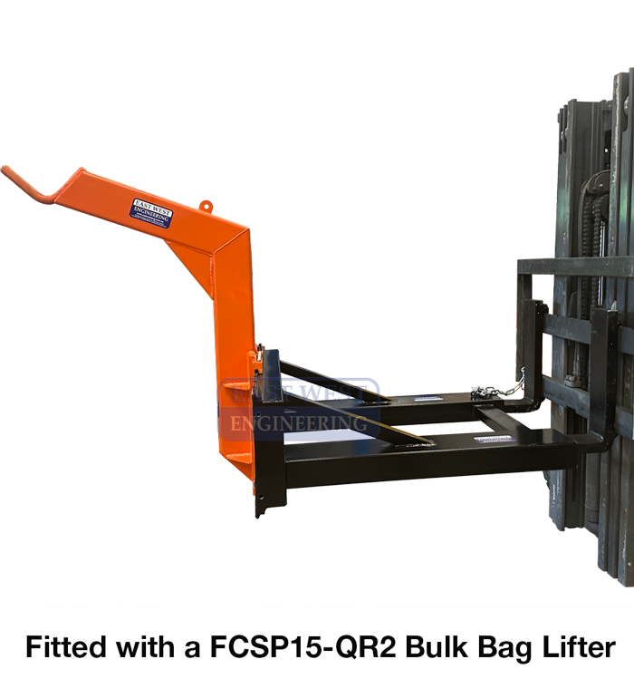 FNSC2 Slip-on Forklift Carriage Adaptor fitted with a FQSP15 Bulk Bag Lifter