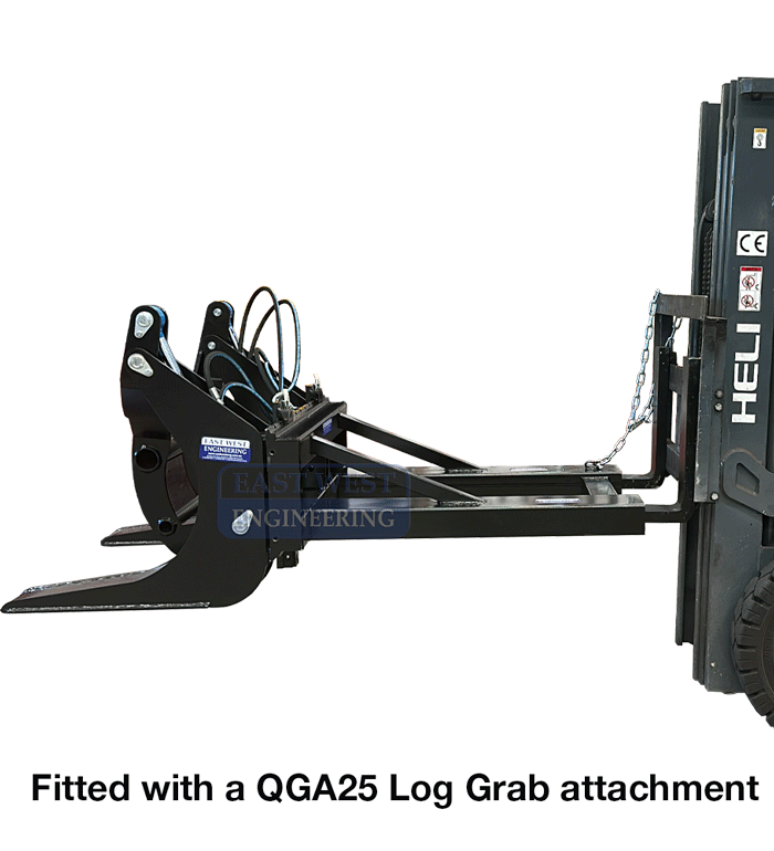 FNSC2 Slip-on Forklift Carriage Adaptor fitted with a QGA25 Log Grab Attachment