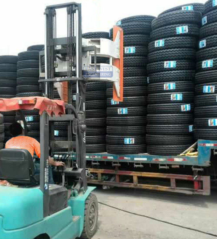 LTJ Rotating Tyre Clamp - for handling and stacking tyres by forklift during loading and unloading operations